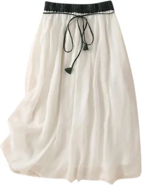 Women's Cotton Linen Skirts High Waist Skirt Vintage Solid Color Wrap Skirt Layered Drawstring Knee Length Skirt
