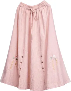 Womens Cotton Linen Skirts Summer Casual Plus Size High Waisted Drawstring Vintage Floral Embroidered Midi Skirt