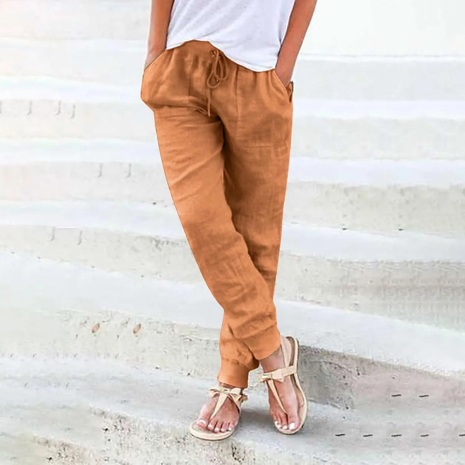 Womens Cotton Linen Tapered Pants Jogger Summer Relax Fit Drawstring Elastic Waist Casual Trousers with Pockets
