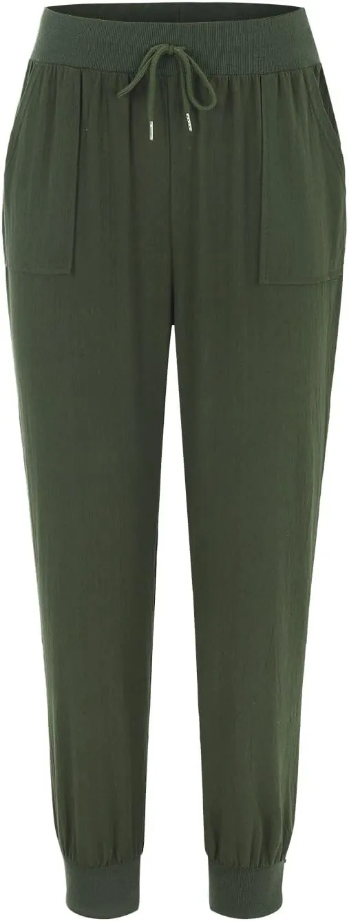 Womens Cotton Linen Tapered Pants Jogger Summer Relax Fit Drawstring Elastic Waist Casual Trousers with Pockets