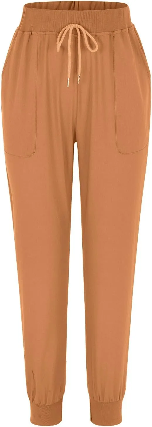 Womens Cotton Linen Tapered Pants Jogger Summer Relax Fit Drawstring Elastic Waist Casual Trousers with Pockets