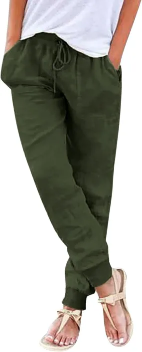 Womens Cotton Linen Tapered Pants Jogger Summer Relax Fit Drawstring Elastic Waist Casual Trousers with Pockets