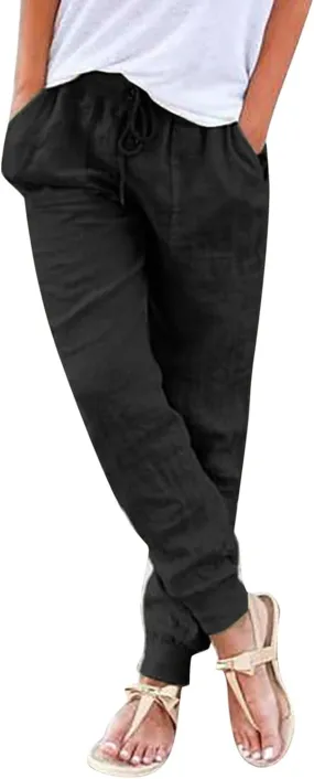 Womens Cotton Linen Tapered Pants Jogger Summer Relax Fit Drawstring Elastic Waist Casual Trousers with Pockets