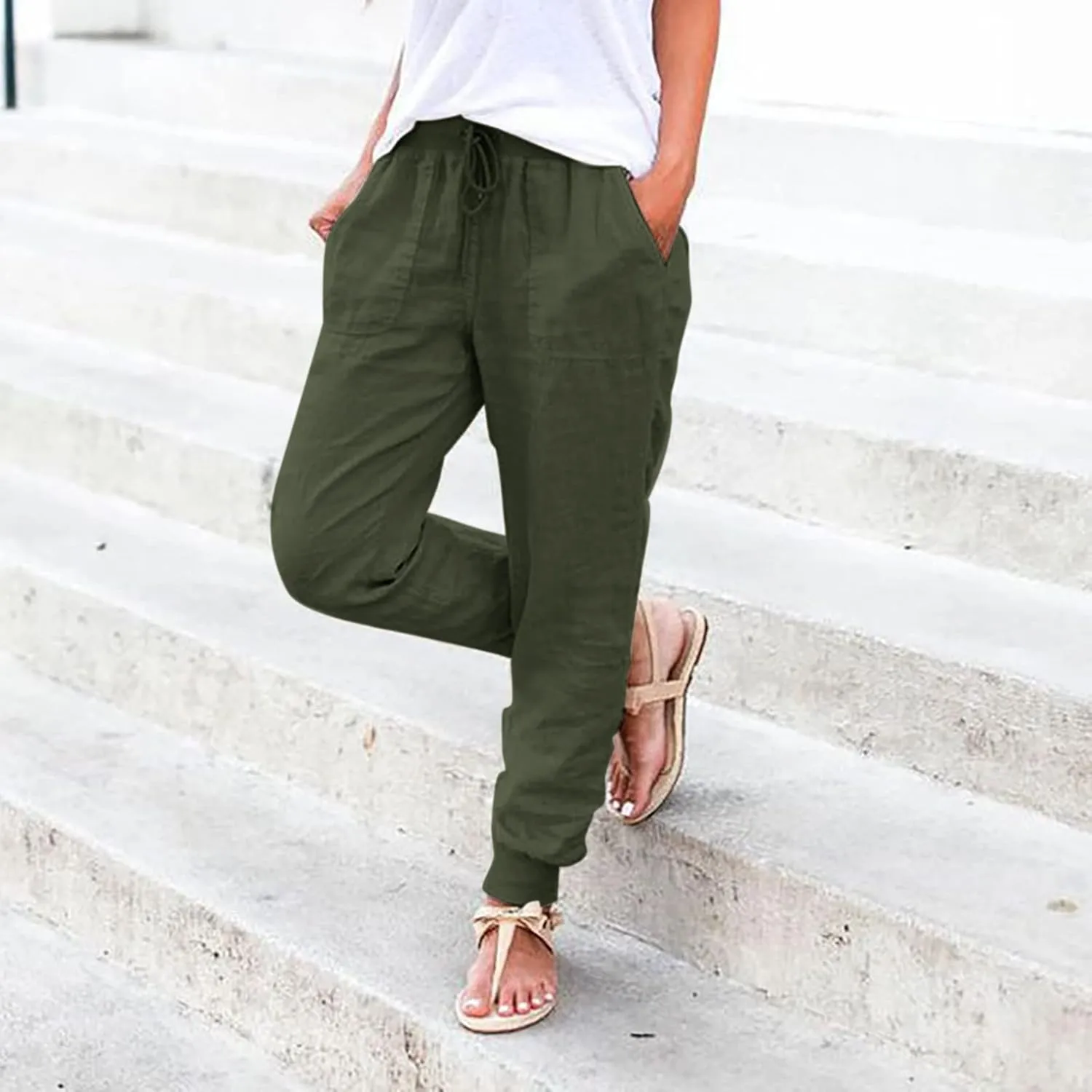 Womens Cotton Linen Tapered Pants Jogger Summer Relax Fit Drawstring Elastic Waist Casual Trousers with Pockets