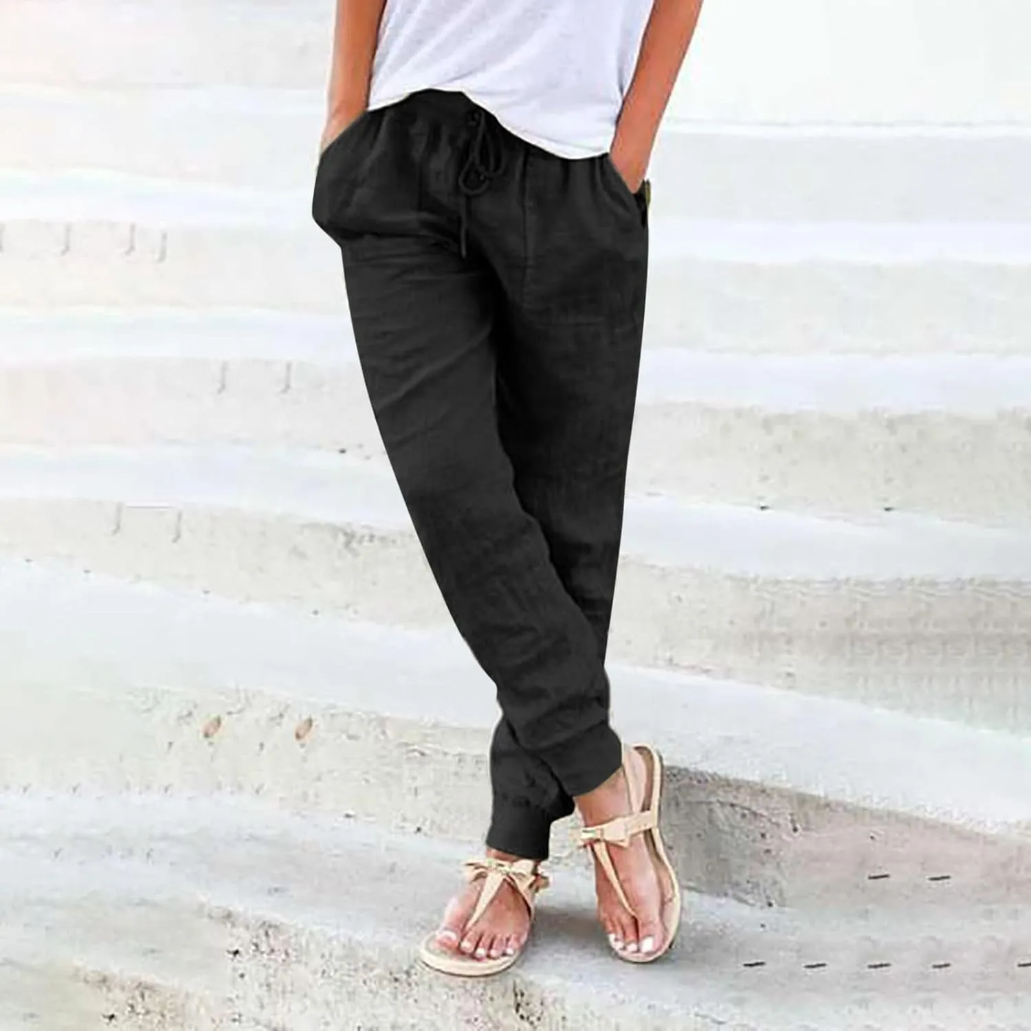 Womens Cotton Linen Tapered Pants Jogger Summer Relax Fit Drawstring Elastic Waist Casual Trousers with Pockets
