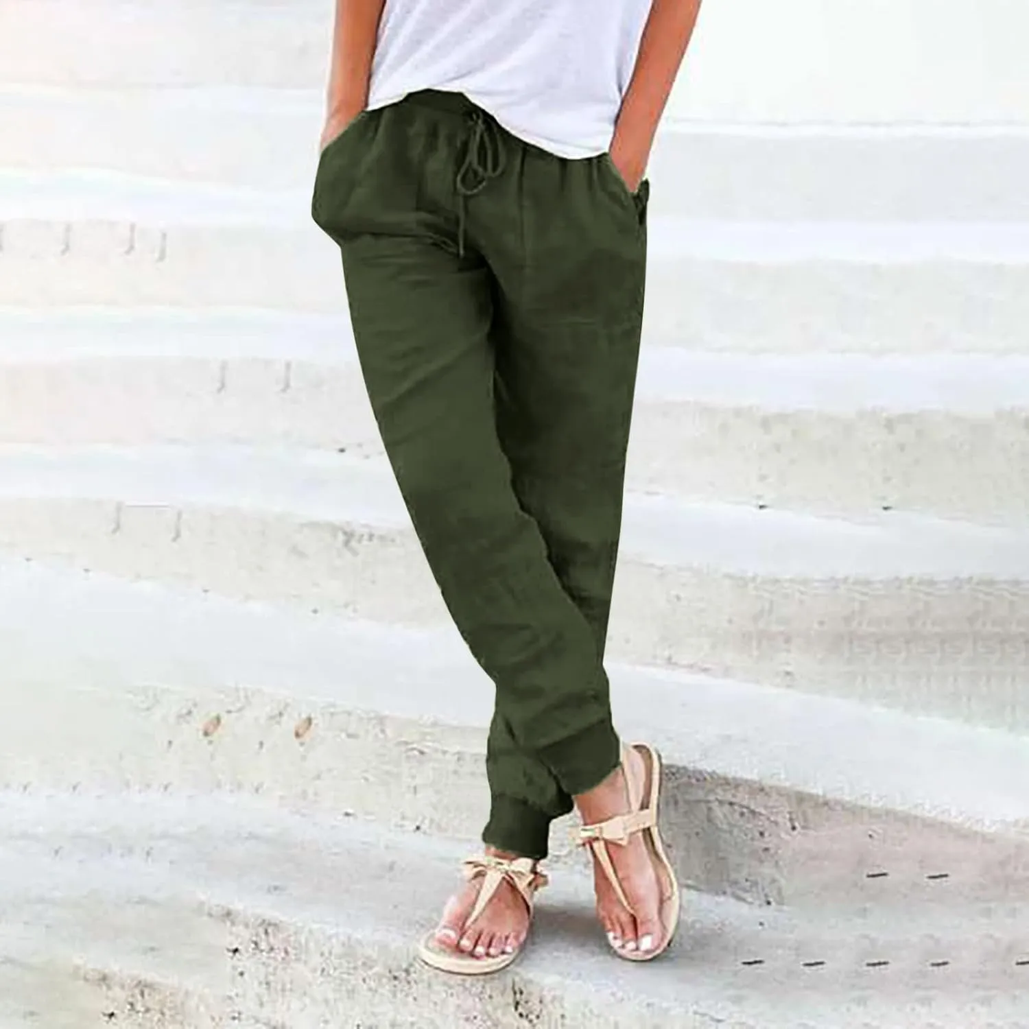 Womens Cotton Linen Tapered Pants Jogger Summer Relax Fit Drawstring Elastic Waist Casual Trousers with Pockets