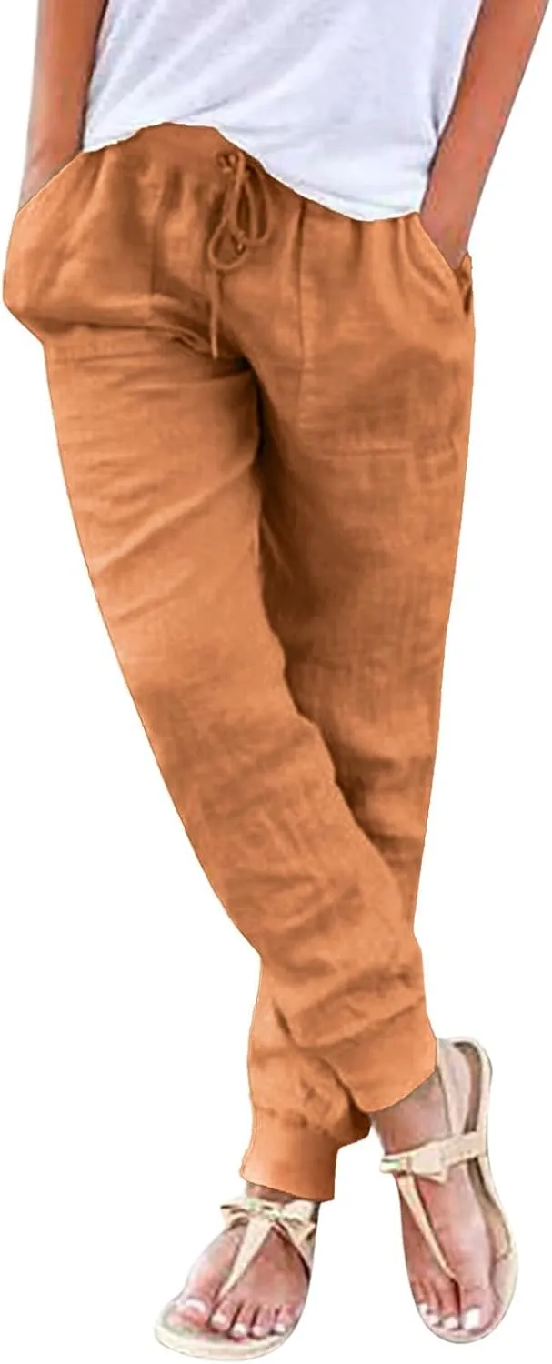 Womens Cotton Linen Tapered Pants Jogger Summer Relax Fit Drawstring Elastic Waist Casual Trousers with Pockets