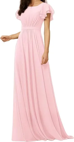 Women's Crewneck Bridesmaid Dresses Short Sleeve Floor Length A-Line Pleated Chiffon Evening Dress