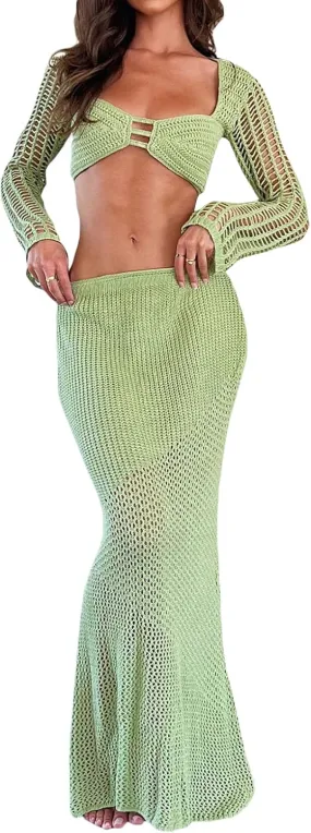 Women's Crochet Knit 2 Piece Skirt Sets Hollow Out Knitted Crop Top Side Slit Bodycon Long Skirt Set Beach Maxi Dresses