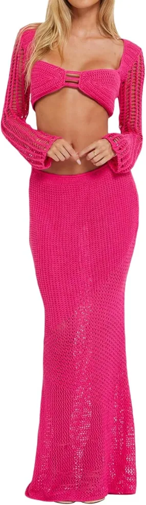 Women's Crochet Knit 2 Piece Skirt Sets Hollow Out Knitted Crop Top Side Slit Bodycon Long Skirt Set Beach Maxi Dresses