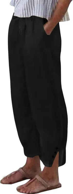 Womens Cropped Pants Loose Fit Wide Leg Capri Casual Plus Size Elastic Waist Trousers Baggy Beach Pant with Pockets