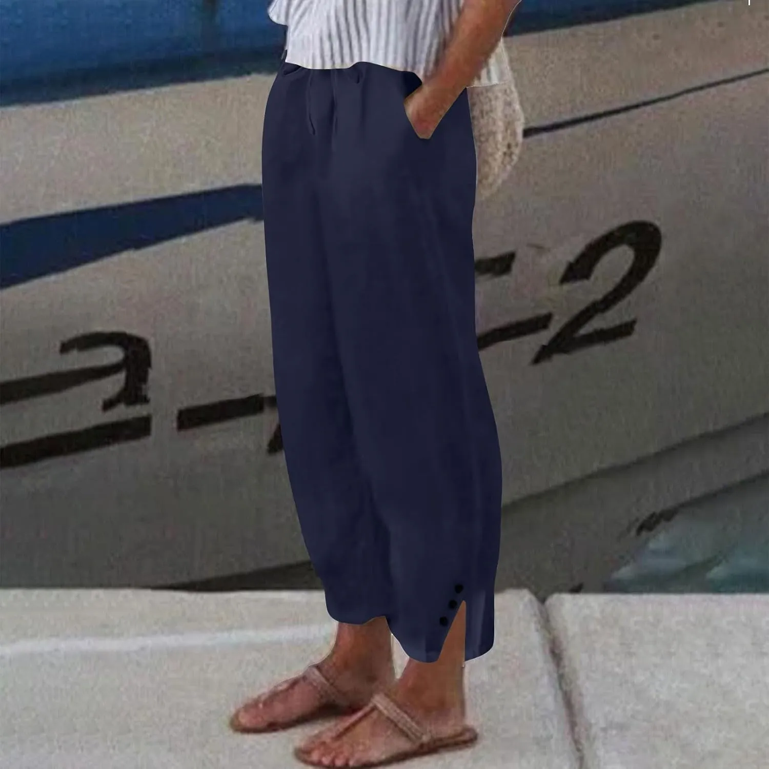 Womens Cropped Pants Loose Fit Wide Leg Capri Casual Plus Size Elastic Waist Trousers Baggy Beach Pant with Pockets