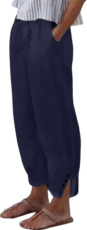 Womens Cropped Pants Loose Fit Wide Leg Capri Casual Plus Size Elastic Waist Trousers Baggy Beach Pant with Pockets