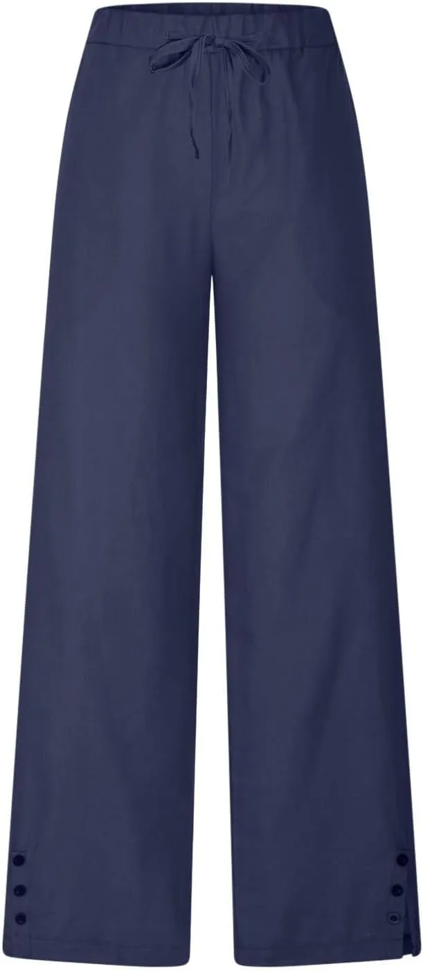Womens Cropped Pants Loose Fit Wide Leg Capri Casual Plus Size Elastic Waist Trousers Baggy Beach Pant with Pockets