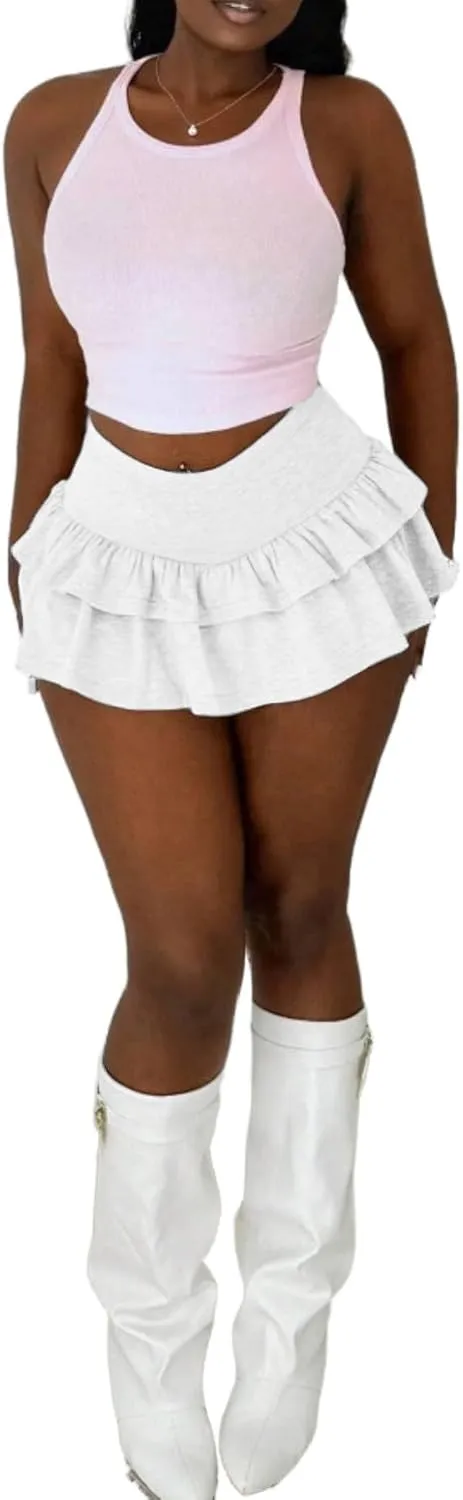 Women's Cute Flowy Skorts Skirts High Waist Casual Layered Ruffle Tiered Skirts Comfy Crochet Shorts