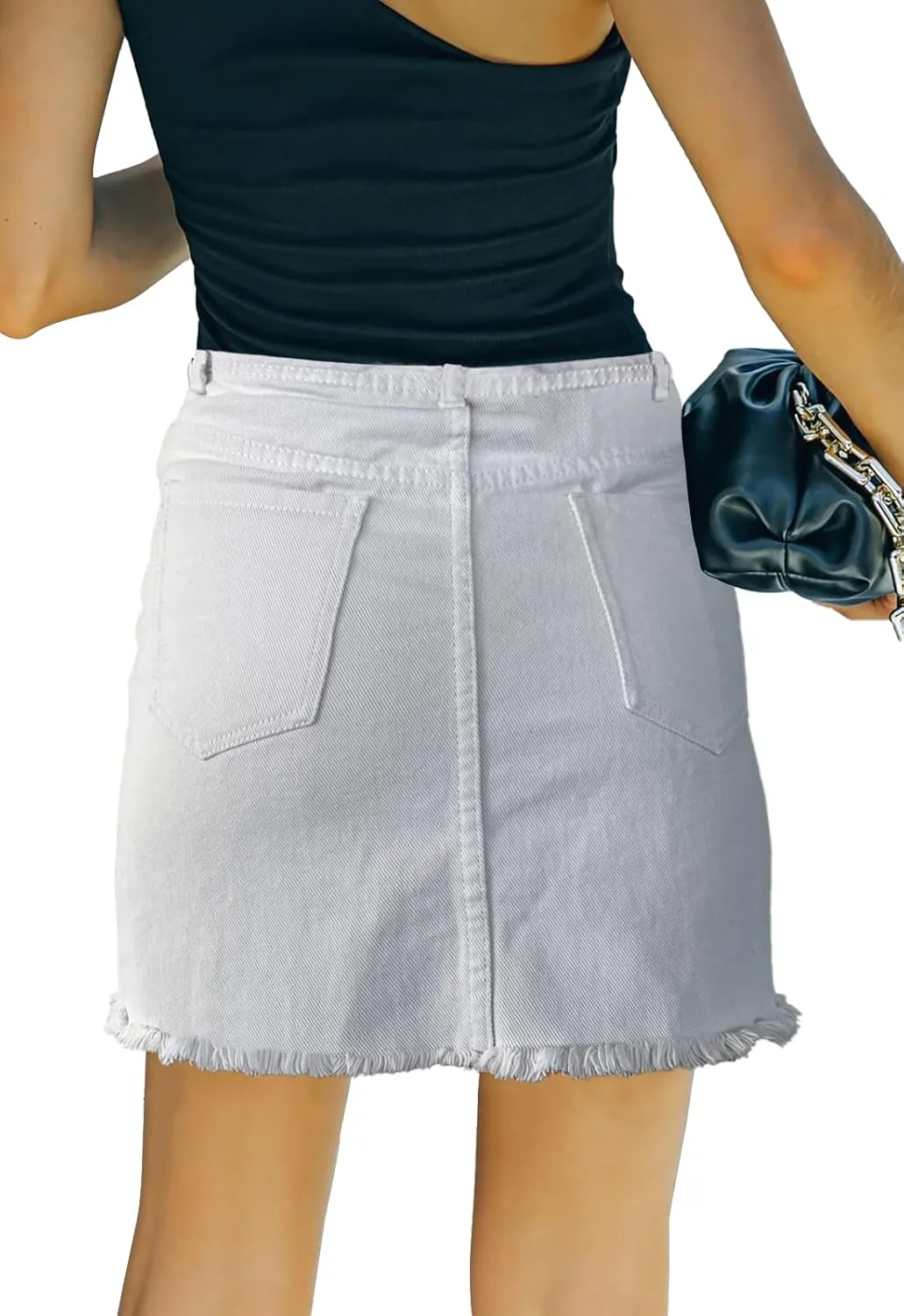 Womens Denim Mini Skirt High Waist Casual Split Hem Washed Frayed A-line Jean Skirts with Pocket for Women
