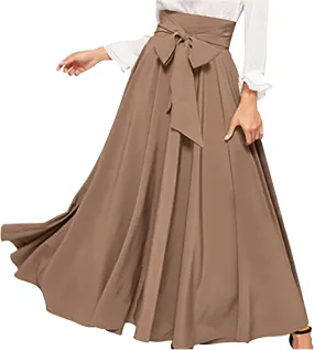 Women's Elegant High Waisted Skirt Tie Front Pleated Maxi Skirts Fashion Solid Color Flowy Swing Ankle Length Skirt