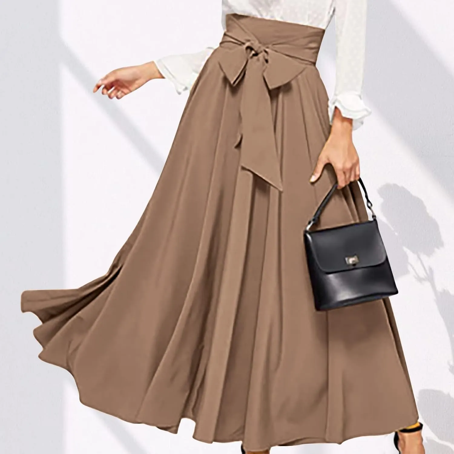 Women's Elegant High Waisted Skirt Tie Front Pleated Maxi Skirts Fashion Solid Color Flowy Swing Ankle Length Skirt