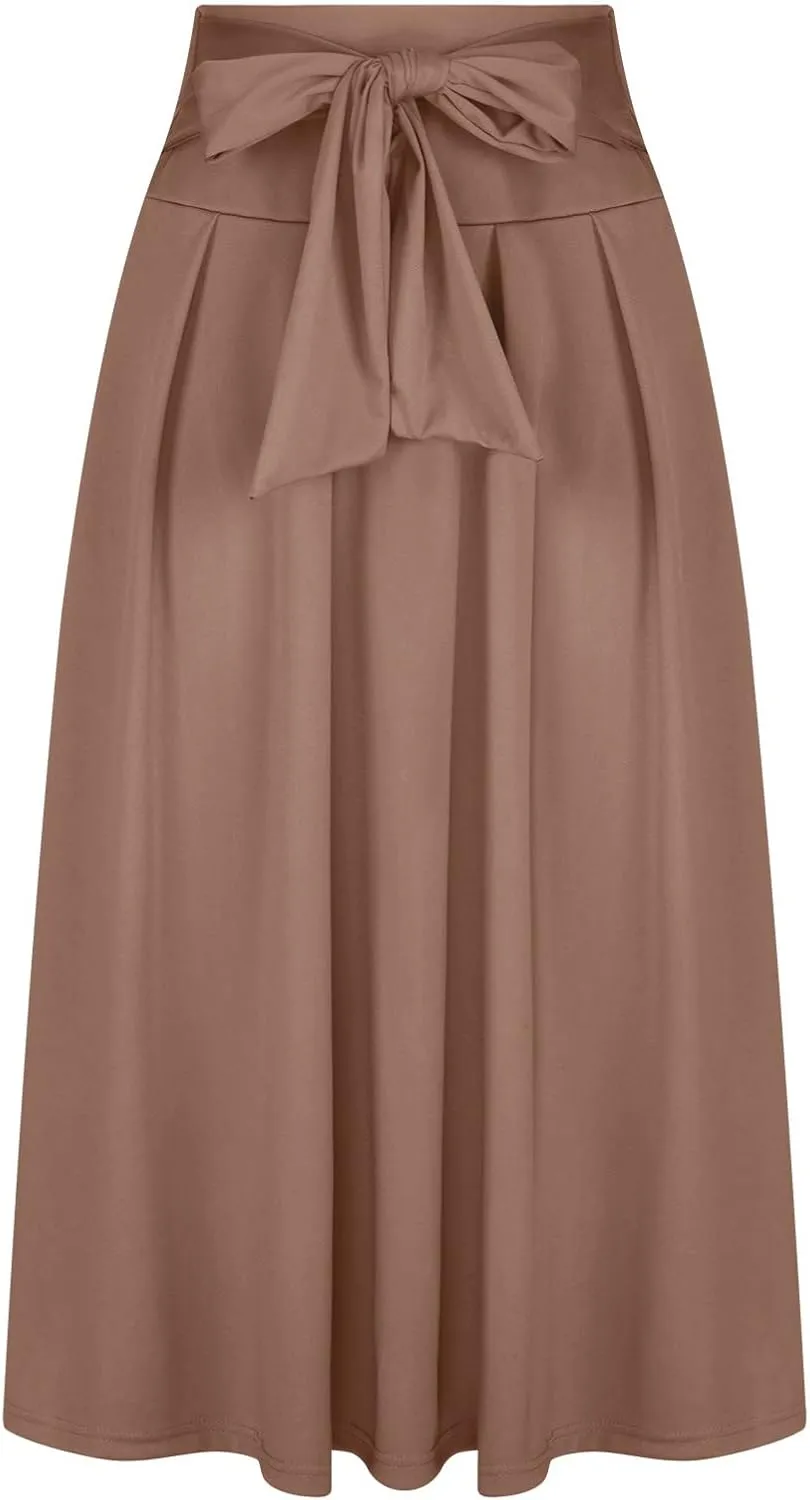 Women's Elegant High Waisted Skirt Tie Front Pleated Maxi Skirts Fashion Solid Color Flowy Swing Ankle Length Skirt