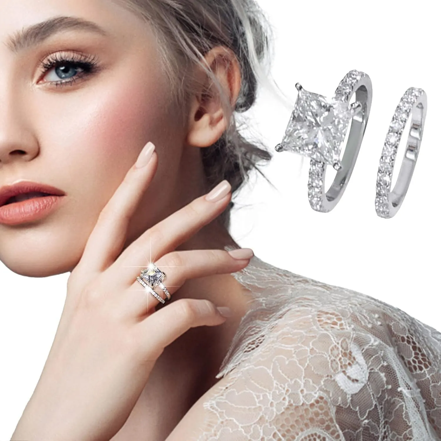 Womens Exquisite Engagement Rings Square Zircon Rings Set 2 Pcs Couples Ring Jewelry Birthday Bridal Party Ring