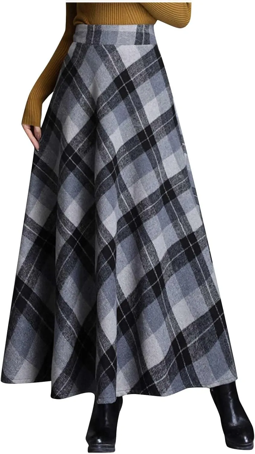 Womens Fall Winter High Waist A-Line Pleated Wool Midi Length Skirt A-Line Plaid Vintage Dressy Elegant Maxi Skirts