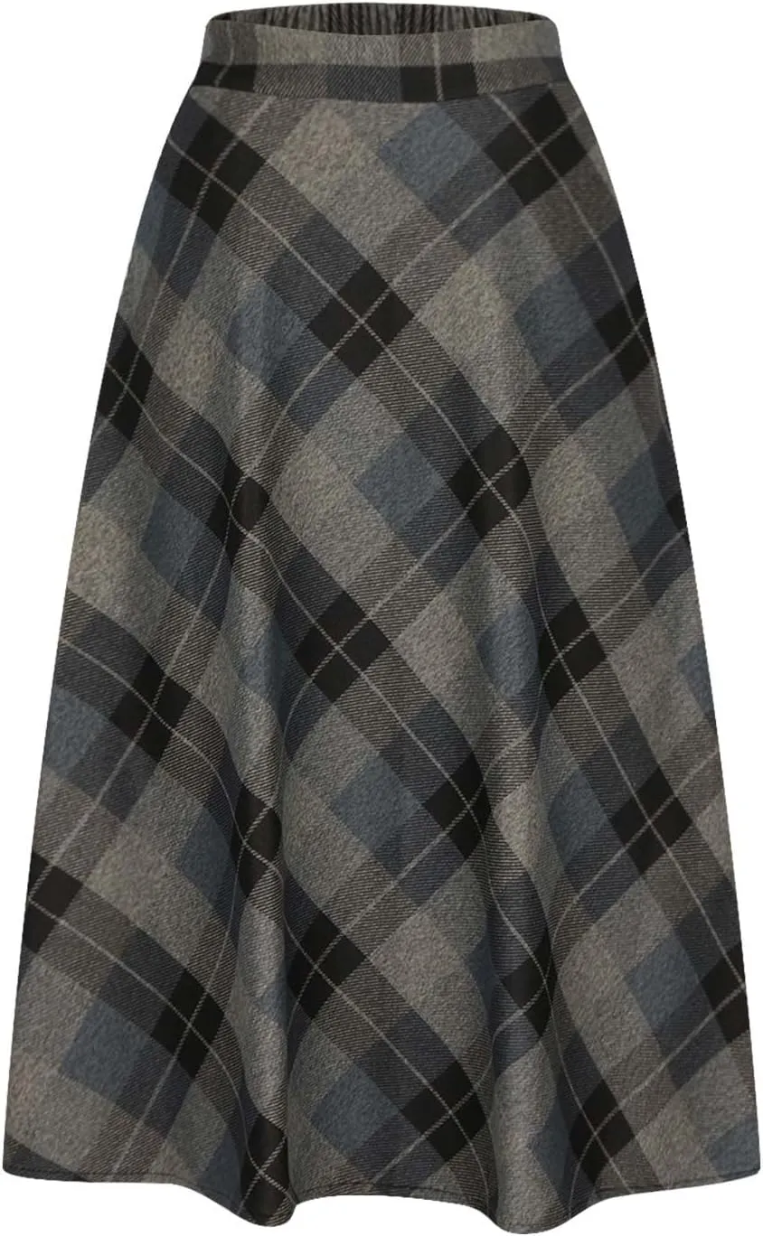 Womens Fall Winter High Waist A-Line Pleated Wool Midi Length Skirt A-Line Plaid Vintage Dressy Elegant Maxi Skirts