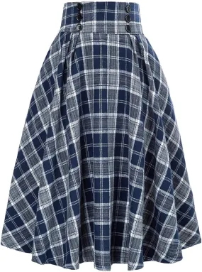 Womens Fashion Casual Plaid Skirt Vintage A Line Skirts Vintage Athletic Skirt Plaid High Waist Plus Size Midi Pleated Skirt
