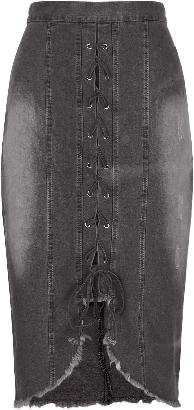 Womens Fashion Denim Skirts Lace Up Split Midi Length Jean Half Skirt Casual High Waist Washed Midi Skirts