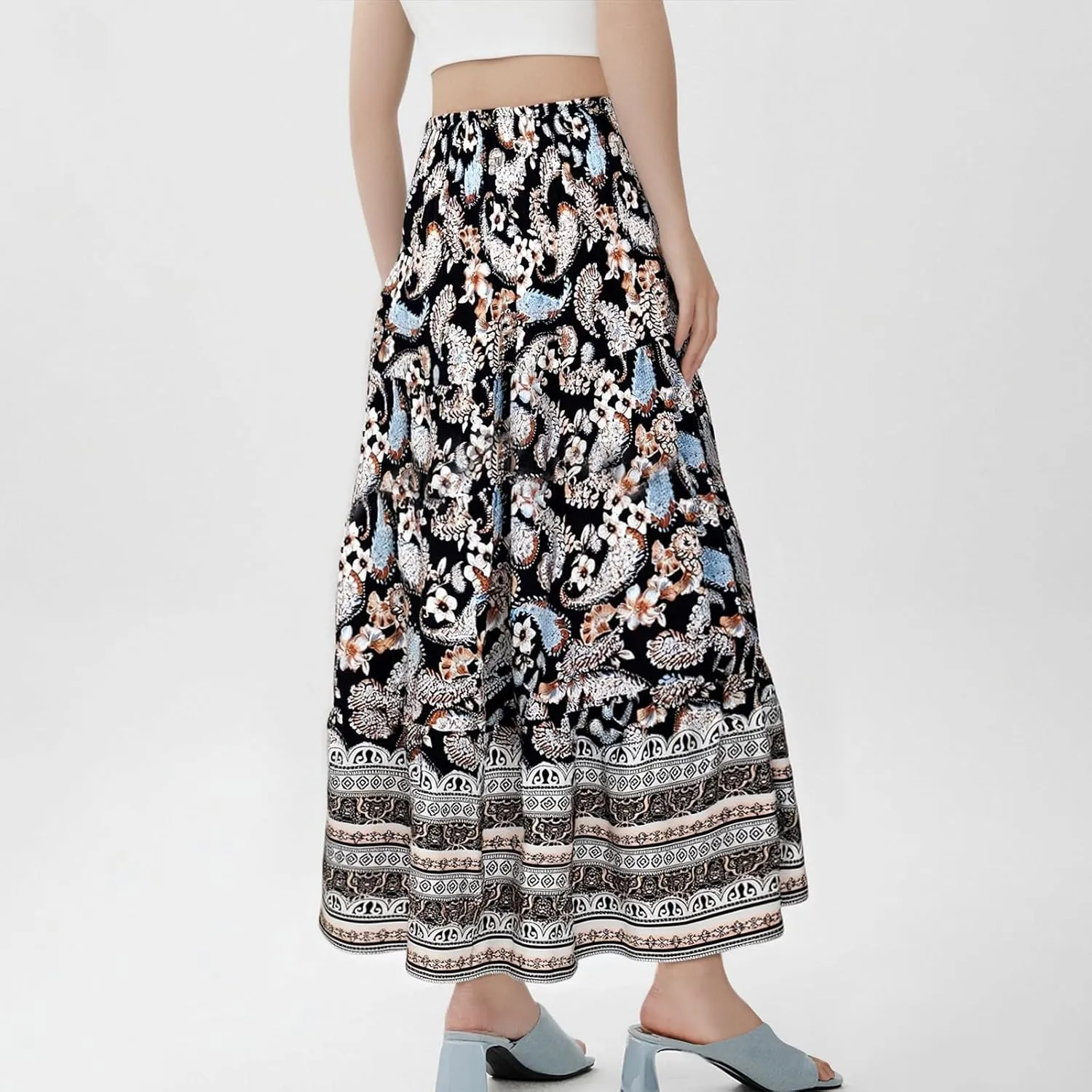 Women's Fashion Maxi Skirts Solid Color Beach High Waist Bohemian A-Line Layered Halter Flowy Skirt