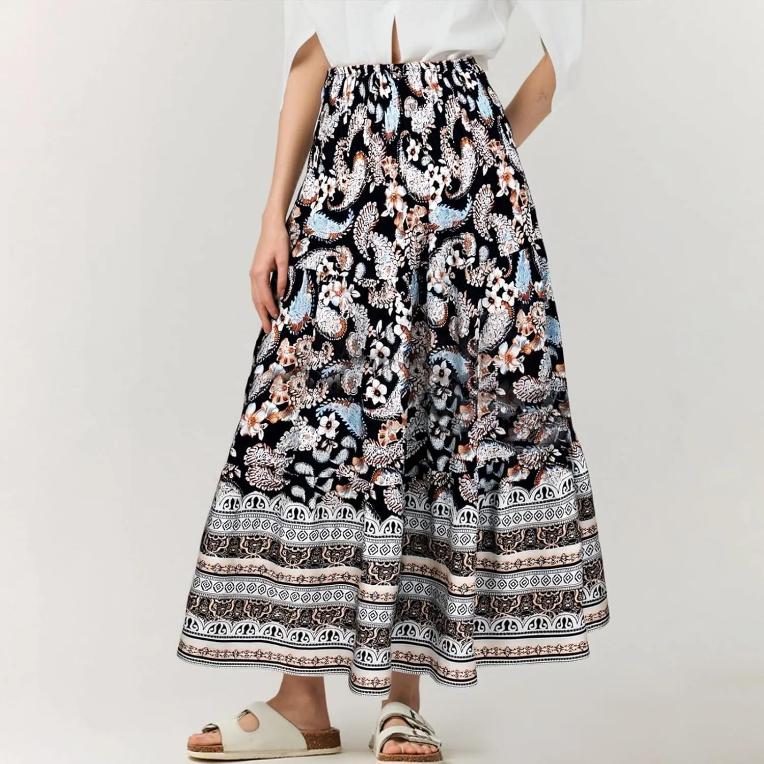 Women's Fashion Maxi Skirts Solid Color Beach High Waist Bohemian A-Line Layered Halter Flowy Skirt