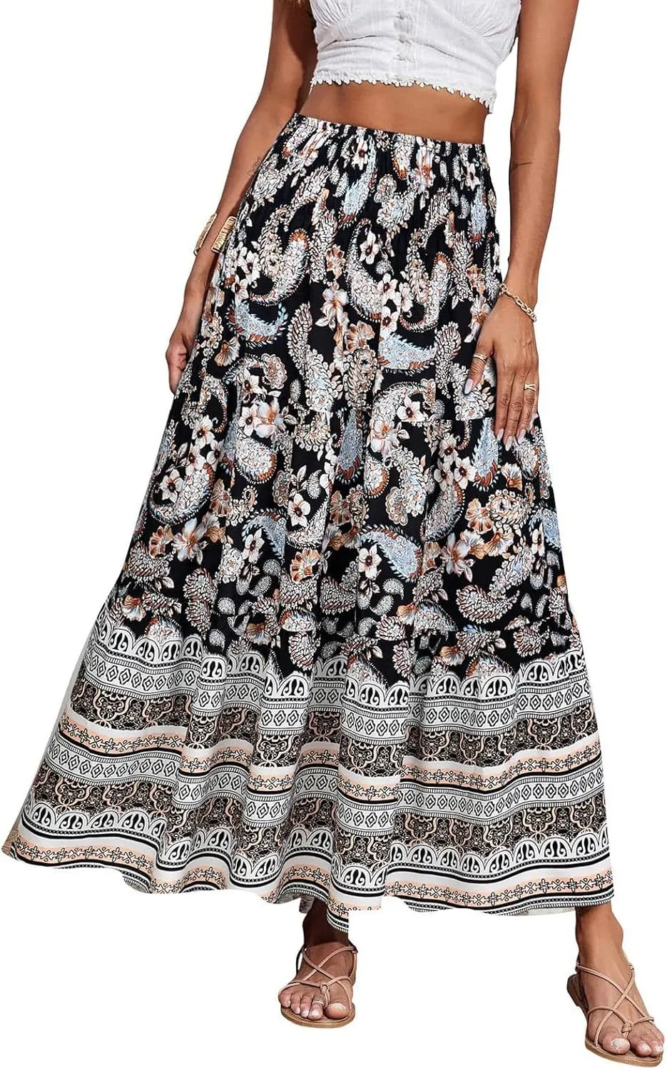 Women's Fashion Maxi Skirts Solid Color Beach High Waist Bohemian A-Line Layered Halter Flowy Skirt