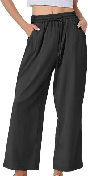 Womens Floral Print High Waisted Palazzo Pants Boho Linen Beach Trousers with Pockets Flowy Pants with Pockets