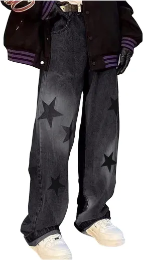 Womens Girls Boyfriends Jeans High Waist Baggy Denim Pants Straight Wide Leg Jeans Stars Print Y2K Trousers Streetwear