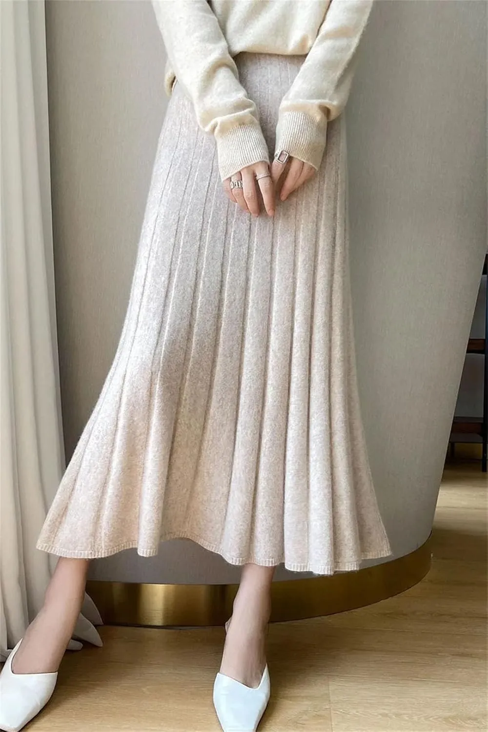Women's Half-Length Striped Pleated Over-The-Knee Skirt Merino Wool Pull-On Knit Midi Skirt