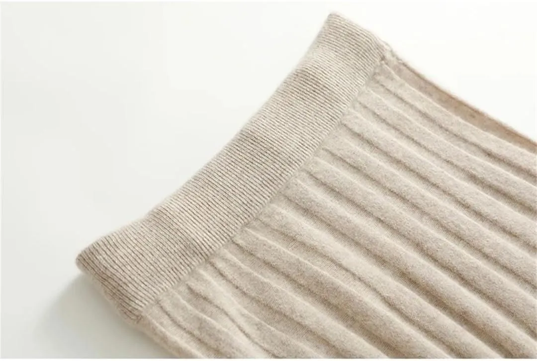 Women's Half-Length Striped Pleated Over-The-Knee Skirt Merino Wool Pull-On Knit Midi Skirt