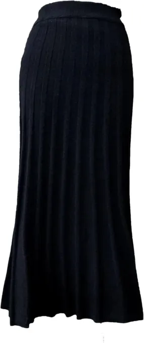 Women's Half-Length Striped Pleated Over-The-Knee Skirt Merino Wool Pull-On Knit Midi Skirt