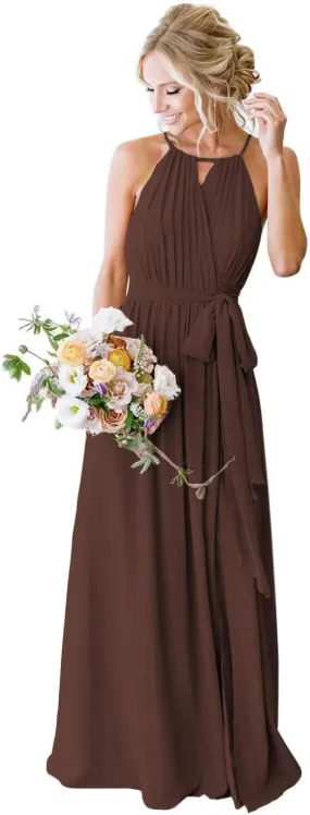Women's Halter Bridesmaid Dresses Chiffon Long A Line Pleated Formal Evening Dresses IMC031