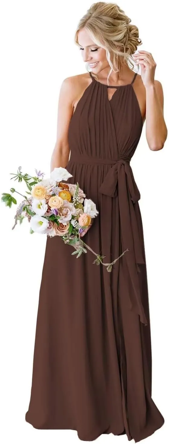 Women's Halter Bridesmaid Dresses Chiffon Long A Line Pleated Formal Evening Dresses IMC031