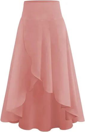 Women's High Low Casual Slit Wrap Asymmetrical Skirt - Solid Elastic High Waist With High Split - Flowy Long Maxi
