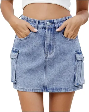 Women's High Waisted Stretch Denim Skirt Summer Trendy Casual Button Down A-Line Mini Jean Skirts with Multi Pockets