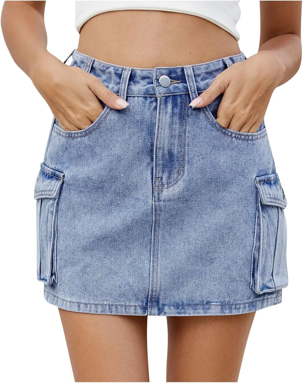Women's High Waisted Stretch Denim Skirt Summer Trendy Casual Button Down A-Line Mini Jean Skirts with Multi Pockets