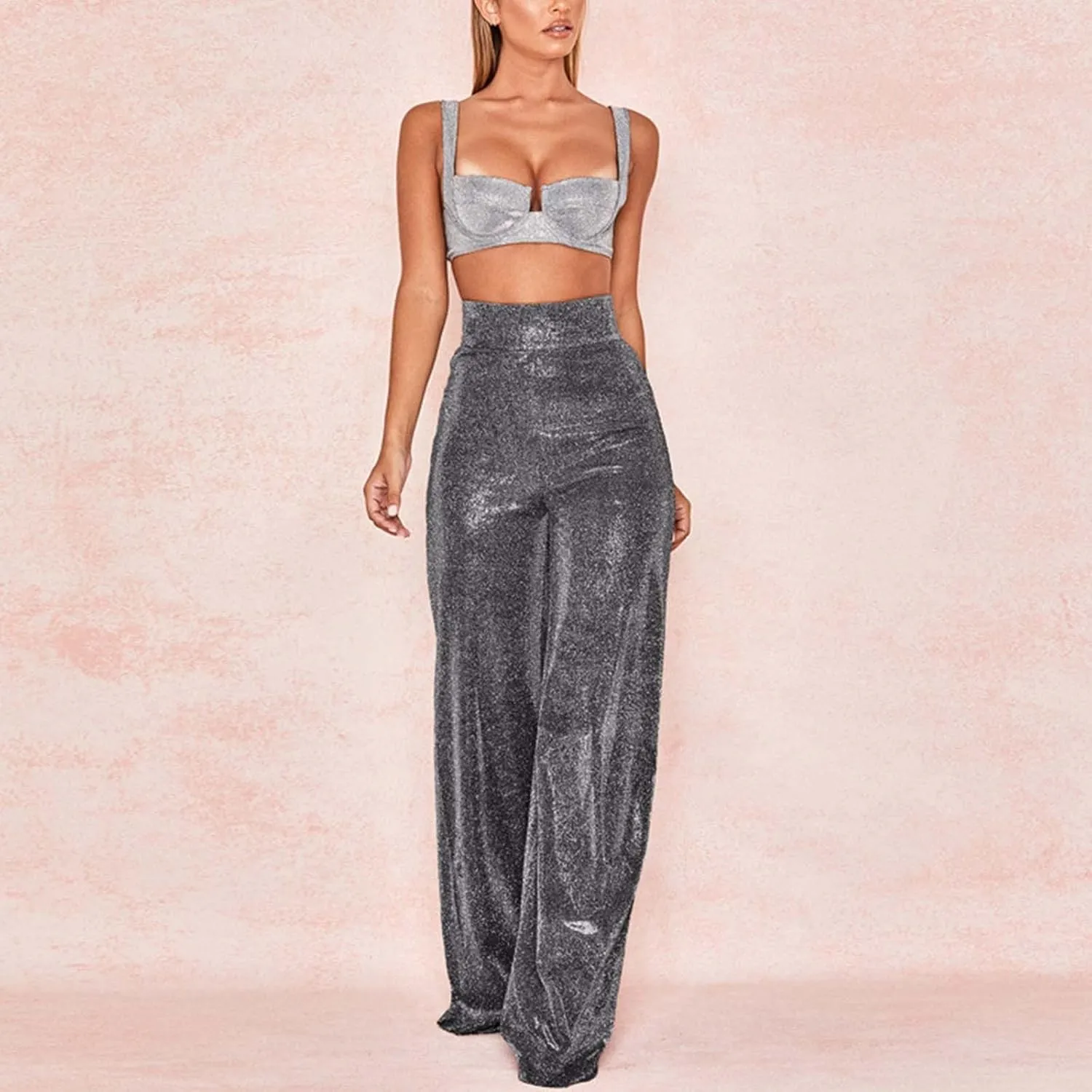 Women's Joggers Pants Ladies Silk High Waist Drape Zip Wide Leg Flared Pants Night Out Casual Slacks Pants Womens