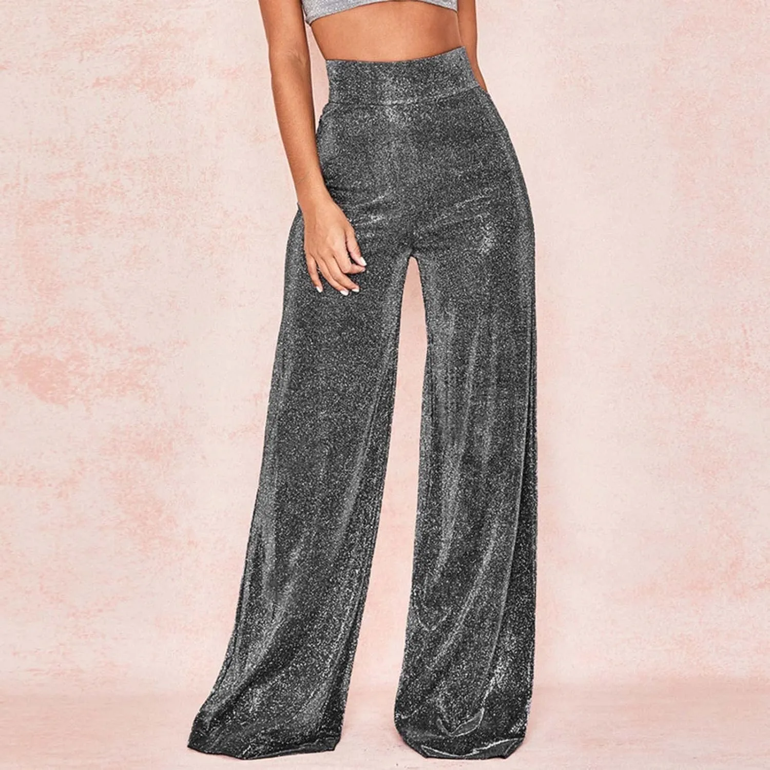 Women's Joggers Pants Ladies Silk High Waist Drape Zip Wide Leg Flared Pants Night Out Casual Slacks Pants Womens