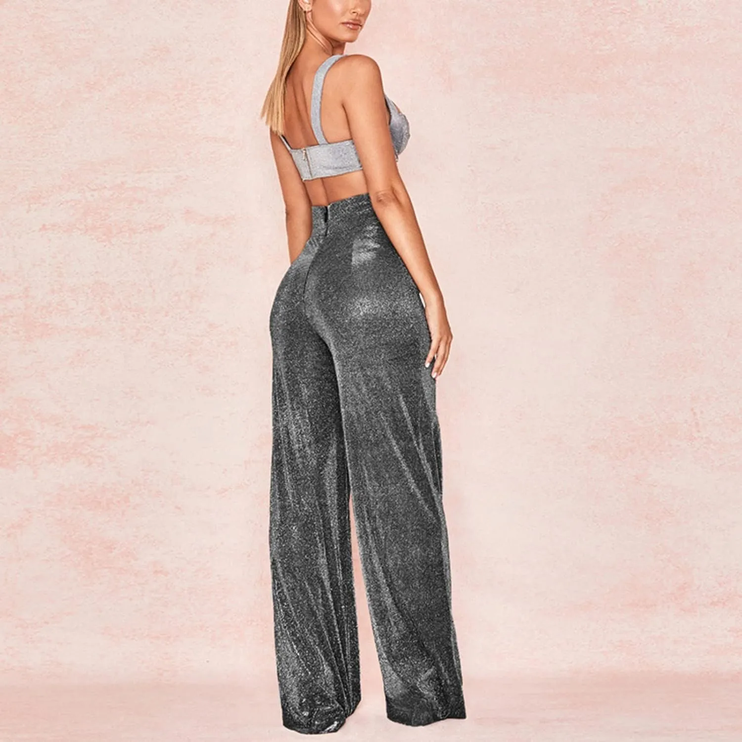 Women's Joggers Pants Ladies Silk High Waist Drape Zip Wide Leg Flared Pants Night Out Casual Slacks Pants Womens