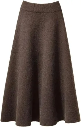 Women's Knitted Pleated Skirt Midi Elastic High Waist A-Line Sweater Winter Wool Long Mom Skirt
