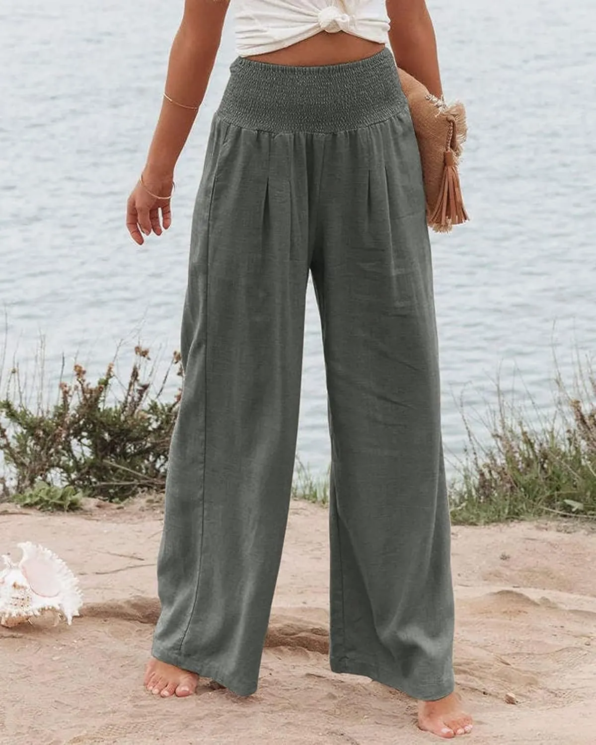 Womens Linen Palazzo Pants Casual Wide Leg High Waist Pant 2025 Summer Flowy Boho Beach Travel Vacation Outfits