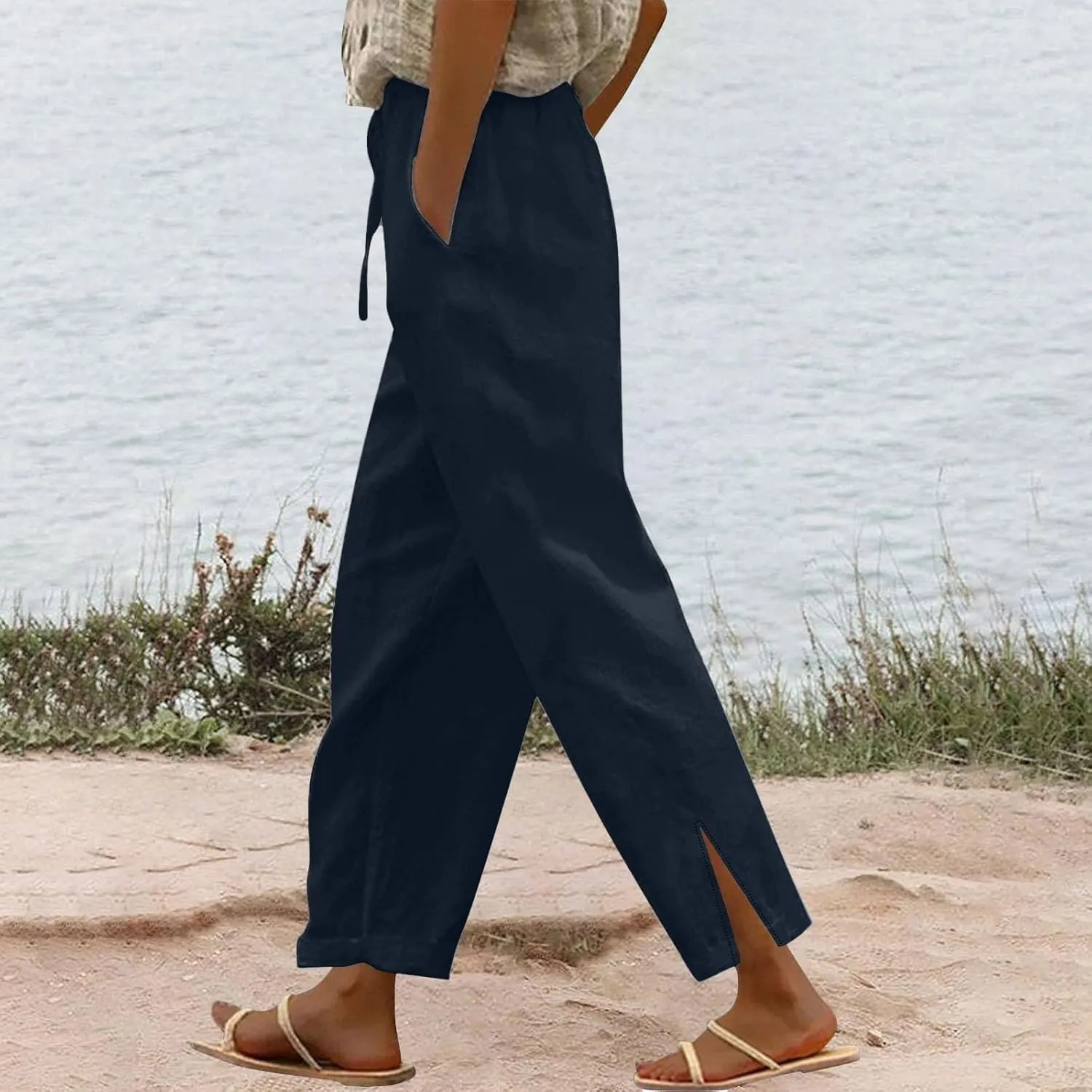 Womens Linen Pants Summer Elastic High Waist Split Hem Work Pant Casual Loose Drawstring Beach Trousers Slacks Clothes