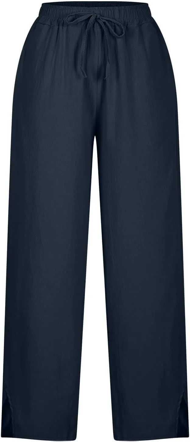 Womens Linen Pants Summer Elastic High Waist Split Hem Work Pant Casual Loose Drawstring Beach Trousers Slacks Clothes