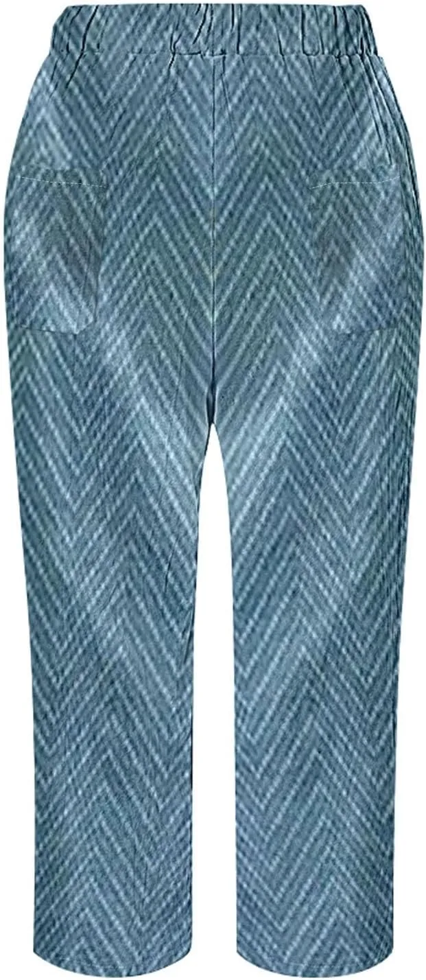 Womens Linen Pants Summer Plus Size Elastic Waisted Casual Capri Pants Side Button Drawstring Loose Cropped Pants