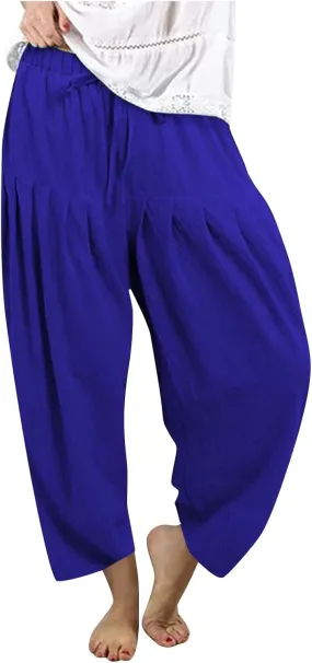Womens Linen Wide Leg Pants Casual Loose Drawstring Low Waist Beach Baggy Travel Palazzo Harem Pants with Pockets